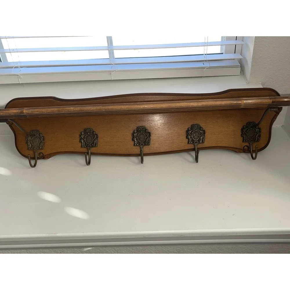 Vintage German STIL Wood Wall Shelf With‎ Coat Hooks Rattan/Cane Shelf READ
